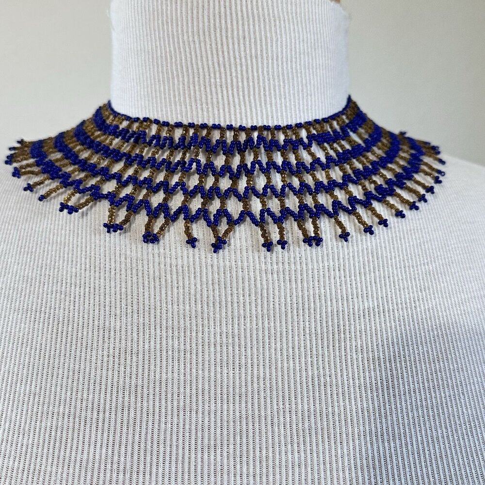 Intricate Seed Beaded Necklace Blue Brown Handcrafted Chocker Boho Indie Hippie
